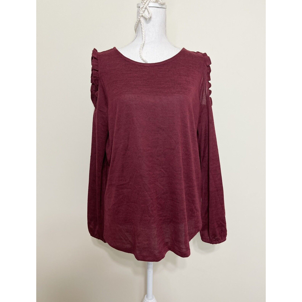 DG2 Diane Gilman Cold-Shoulder‎ Top Ruffle Women's, Merlot Burgundy Large, NEW